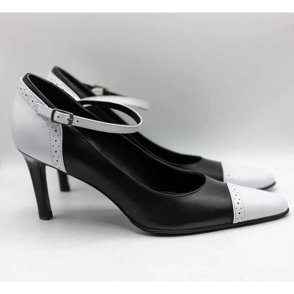 Ralph Lauren Belinda Pumps Heels 7 B Pointed Toe Black & White Brazil Leather - Picture 4 of 7